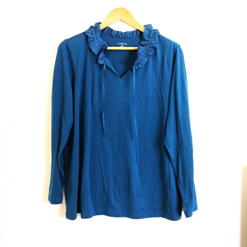 New Lands' End 100% Cotton Ruffle Tie Neck Long Sleeve Top Teal Size 1X (16/18)